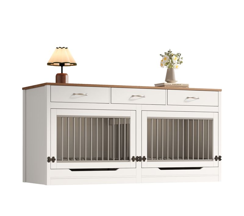 Cage Pour 2 Chiens Avec 3 Tiroirs Et Séparation Amovible, Blanc Bois