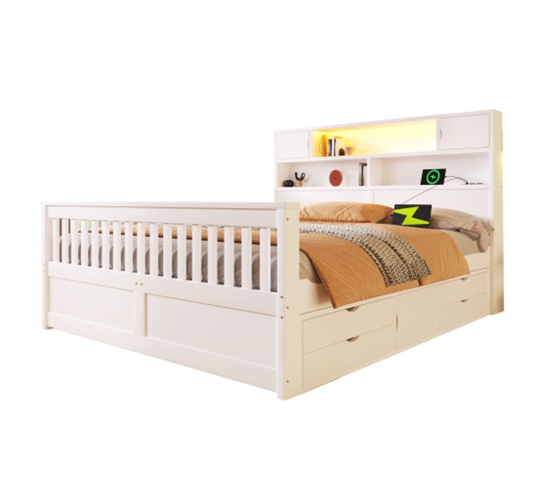Lit 160x200cm-lit Plateforme Rangements Intégrés-led-port USB-4 Tiroirs-blanc