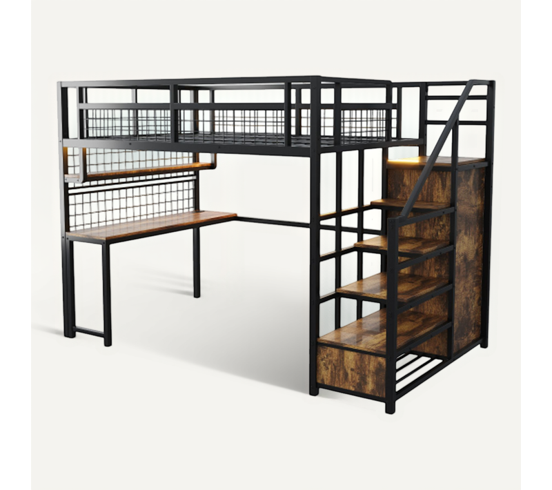 Lit 140x200 Cm-lit Mezzanine Avec Penderie Simple-en Métal-led-noir