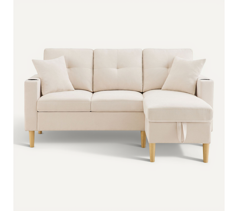Canapé D'angle 3 Places Avec Chaiselongue, Rangement Et 2 Coussins, Beige