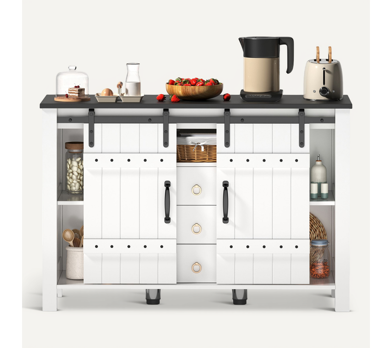 Buffet De Cuisine Avec Portes Coulissantes Et 3 Tiroirs, Blanc
