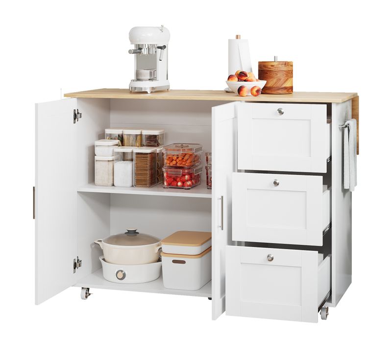 Ilot Central Cuisine Comptoir Avec 3 Tiroirs, Blanc
