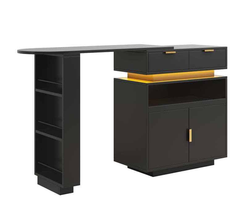 Ilot Central Cuisine Comptoir Avec LED Et Rotation 360° Mobile, Noir