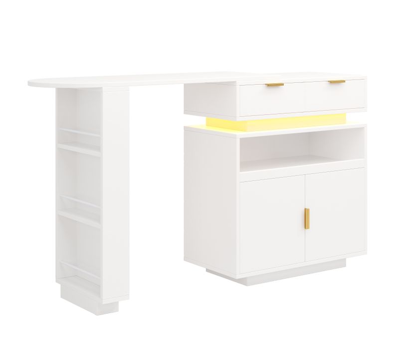 Ilot Central Cuisine Comptoir Avec LED Et Rotation 360° Mobile, Blanc