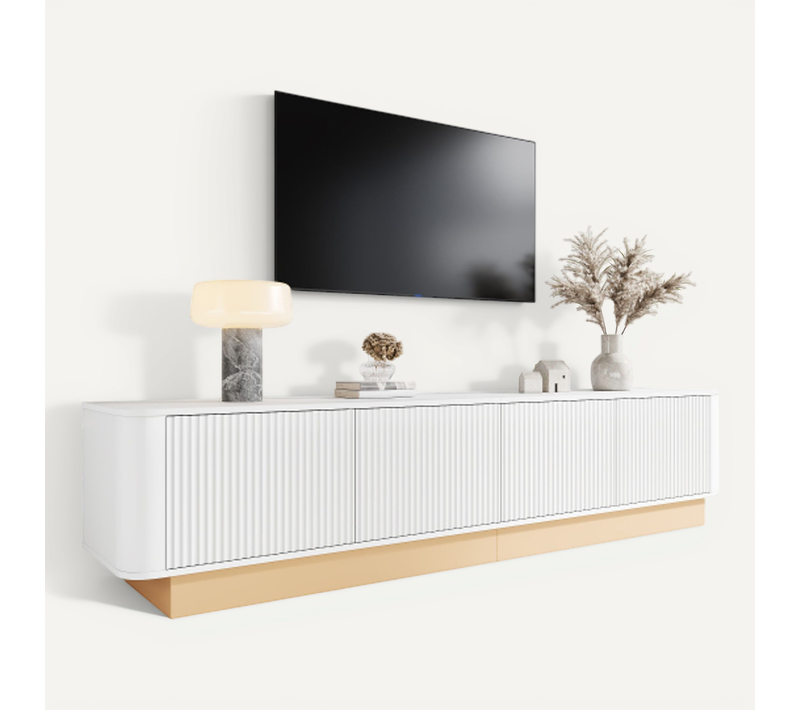 Meuble TV- 4 Portes Étagères Réglables-coins Arrondis-stable 50 Kg-blanc
