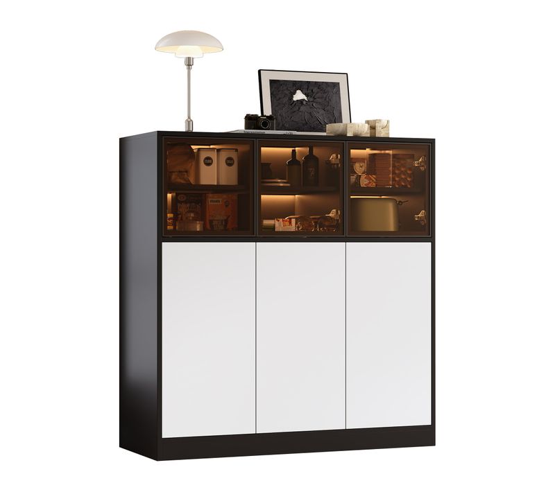 Buffet De Cuisine 100 Cm Avec 3 Portes Vitrées Et 3 Portes Blanches, Blanc Noir