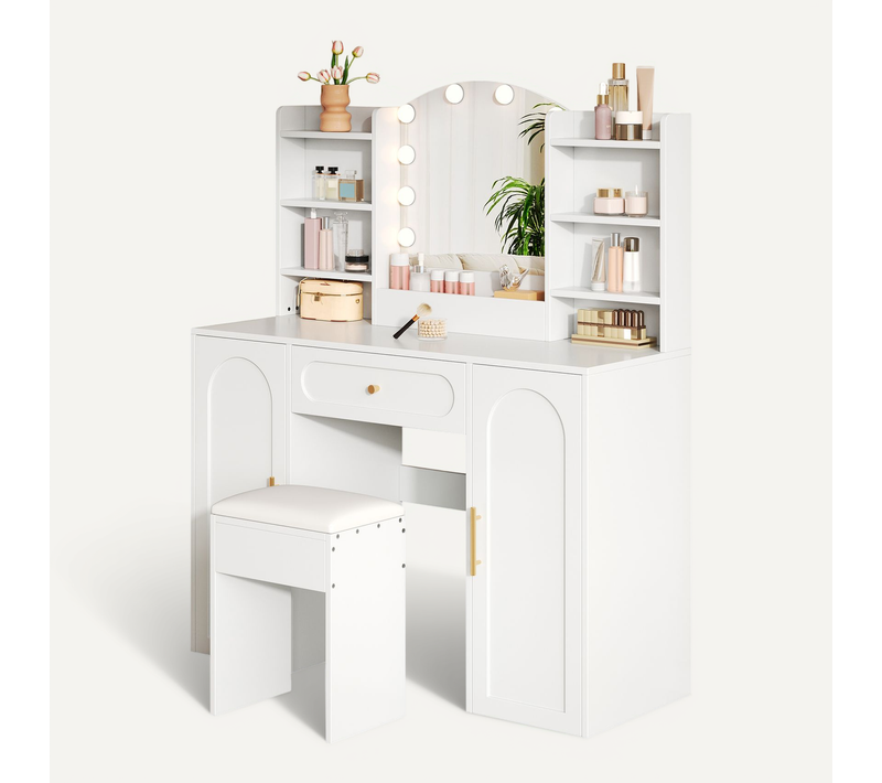 Coiffeuse 110x40x132 Cm Avec Miroir LED Ajustable, 1 Tiroir Et 2 Portes, Blanc