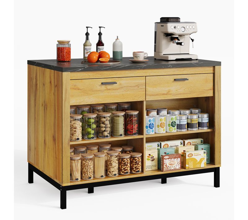 Ilot Central Cuisine Comptoir Avec 2 Tiroirs Et 4 étagères, Bois
