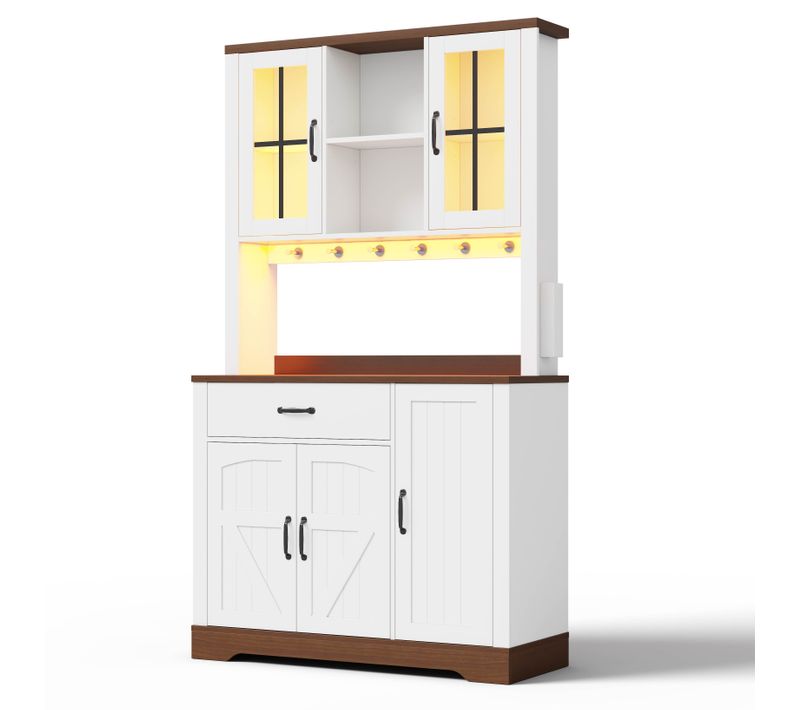Buffet De Cuisine 185cm Avec LED, 3 Tiroirs Et étagères Réglables, Blanc