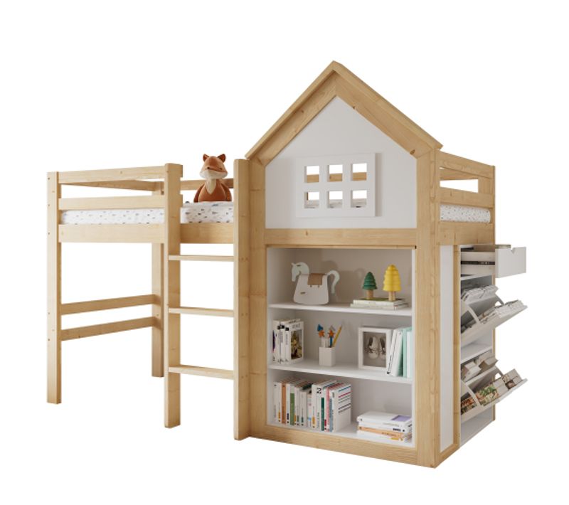 Lit Mezzanine-lit 90x200cm-lit Enfant-en Bois-marches Robustes-blanc + Bois