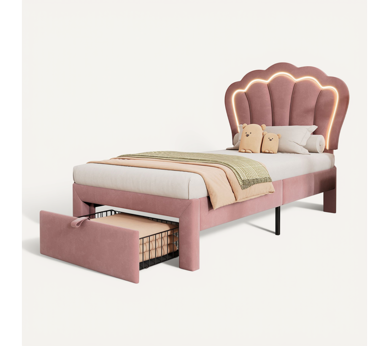 Lit Enfant 90 X 190 Cm Avec LED, Tête De Lit Réglable Et Tiroirs Velours Rose