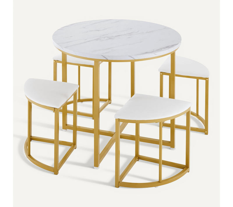Ensemble Table Et Assise Avec 1 Table Ronde Et 4 Tabourets En Forme D'éventail Blanc