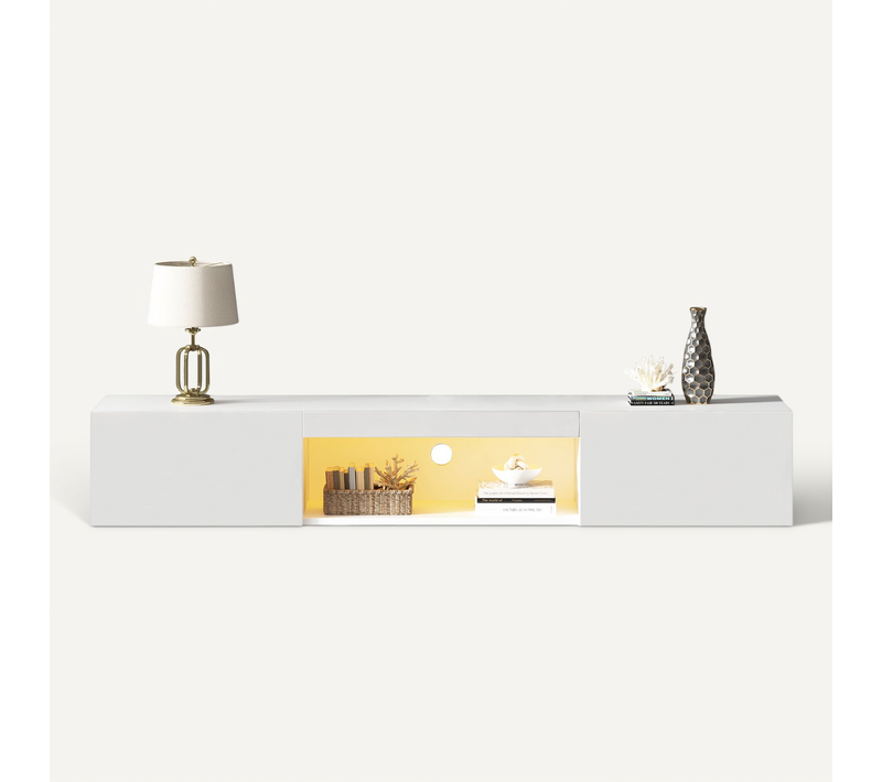 Meuble TV Brillant Avec LED, 2 Portes Et 1 Nich Blanc