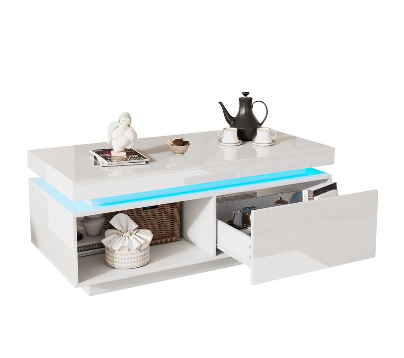 Table Basse Blanc Avec 1 Tiroir,1 Nich Et LED
