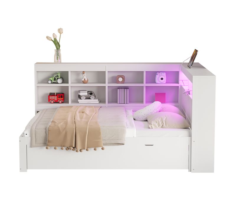 Lit Adult 140x200 Cm Avec LED, USB Et Tiroirs, Rangements Et étagères, Blanc