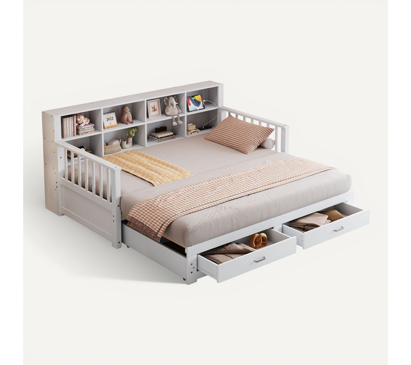Lit Gigogne 90/180x190 Cm Convertible Avec 2 Tiroirs, Blanc