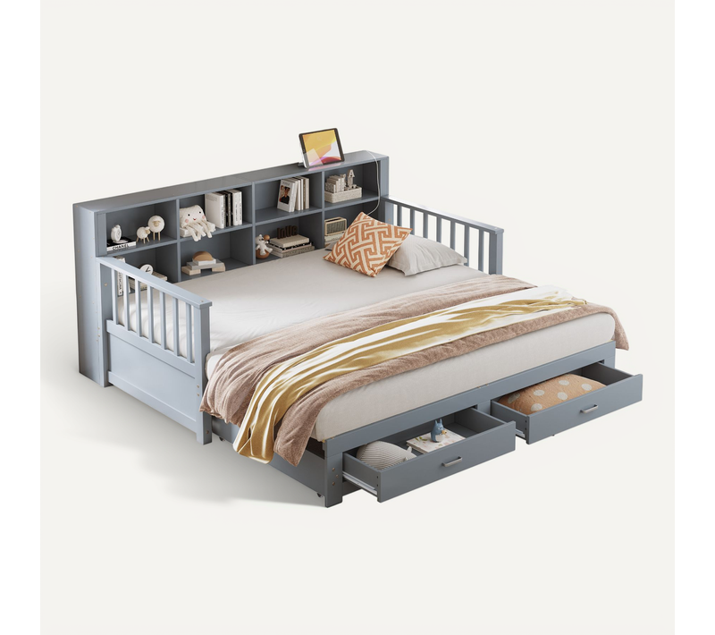 Lit Gigogne 90/180x190 Cm Convertible Avec 2 Tiroirs, Gris