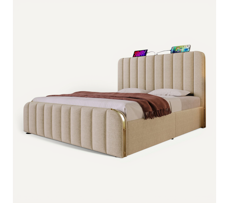 Lit Coffre 180x200 Cm Avec USB Type-c, Tête Capitonnée Et Rangement Hydraulique, Beige