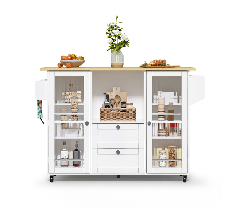 Ilot Central Cuisine Comptoir Avec Plan Rabattable, 2 Tiroirs Et Rangement Multifonctions, Blanc
