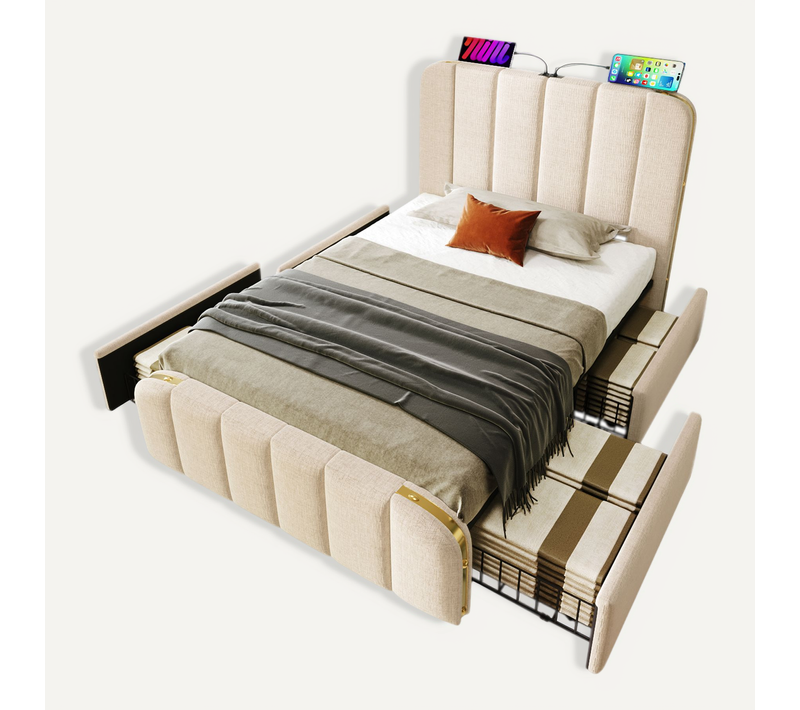 Lit Enfant 90x200 Cm Avec Tête De Lit Capitonnée Et 4 Tiroirs, Lin Beige