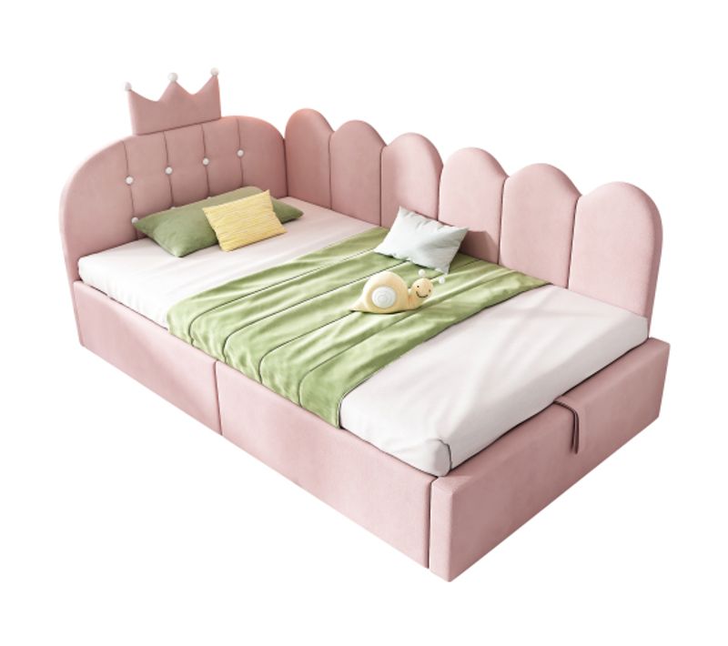 Lit 90 X 200 Cm- Avec Rangement (hydraulique)-en Velours-rose