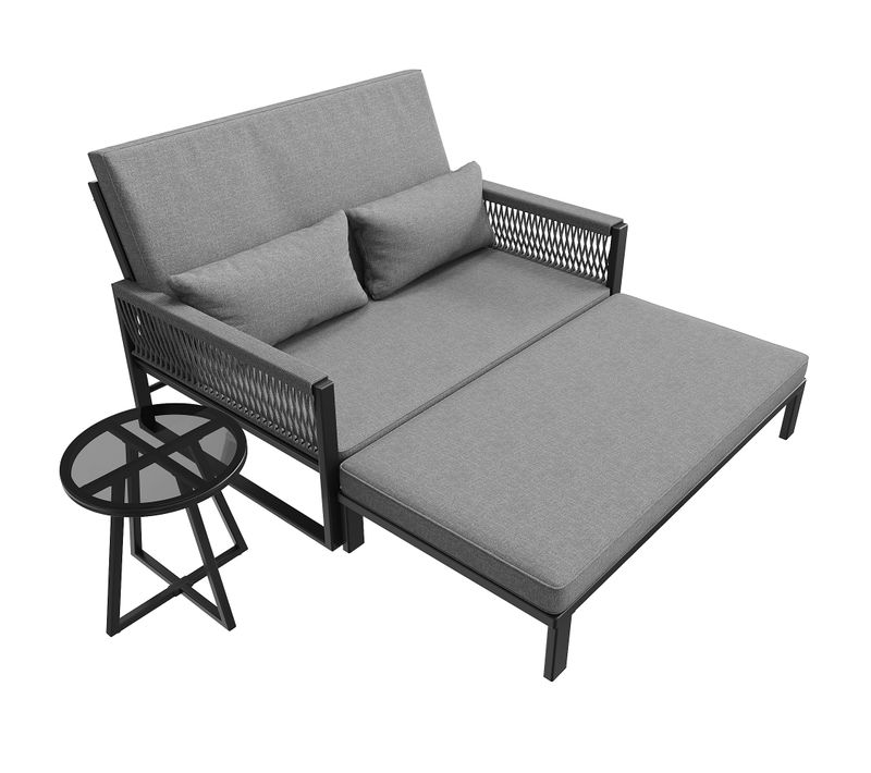 Bain De Soleil Transat En Fer Avec Accoudoirs Tressés, Avec Table Basse En Verre Et Coussins Gris