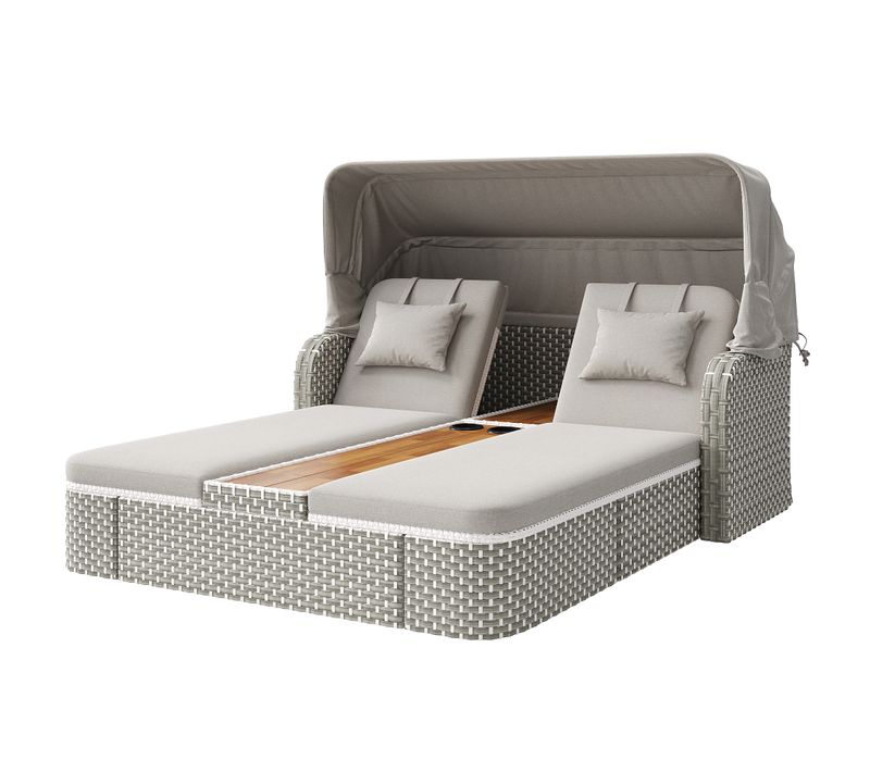 Bain De Soleil Transat Avec Parasol En Rotin Tressé, Mobilier Extérieur Étanche Gris