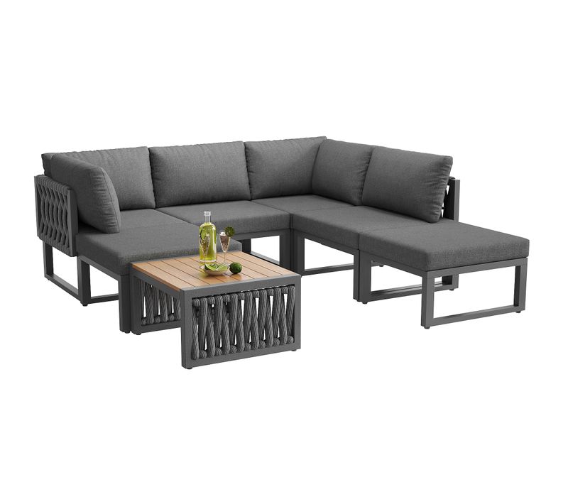 Salon De Jardin 6 Places Avec 1 Canapé, 1 Table Basses Et 3 Fauteuils Gris