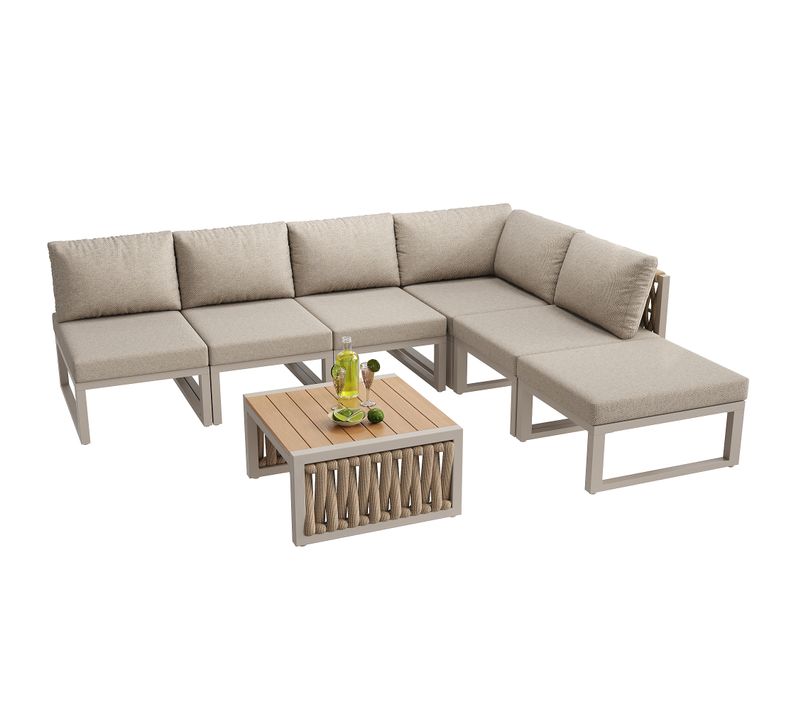 Salon De Jardin 6 Places Avec 1 Canapé, 1 Table Basses Et 3 Fauteuils Beige