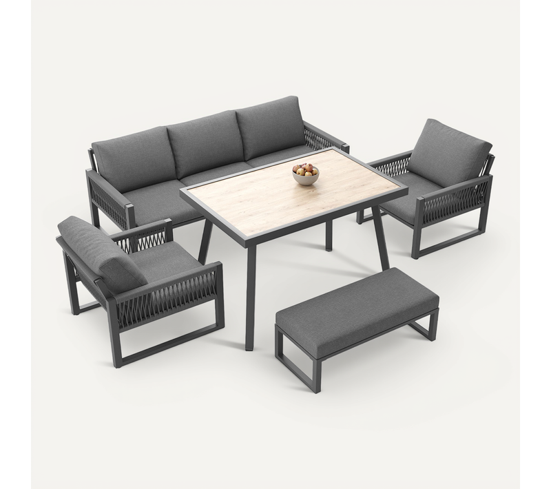 Salon De Jardin 6 Places Avec 1 Canapé, 1 Table, 2 Fauteuils Et 1 Banc Gris