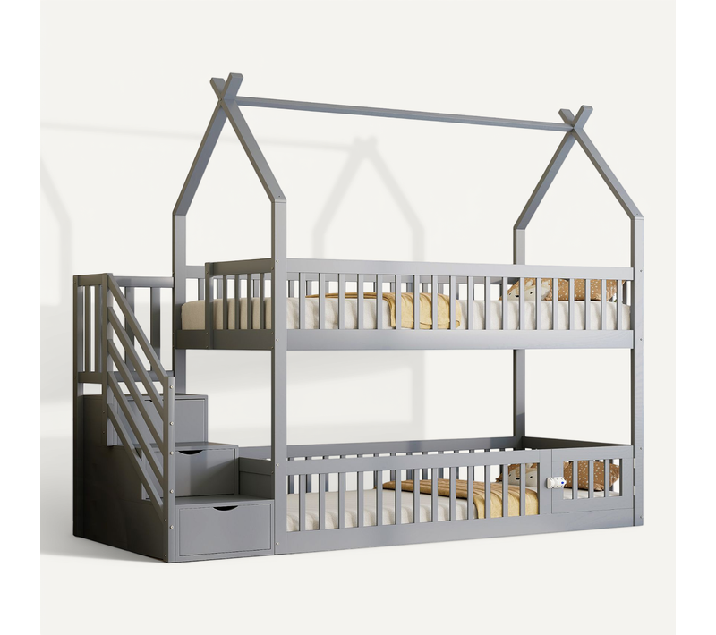 Lit Superposé Cabane 90x200 Cm Avec Escalier, Tiroirs Et Rangement En Bois, Gris