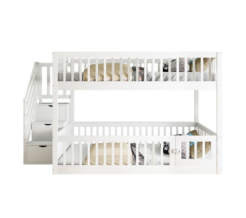 Lit Superposé 140x200 Cm Avec Escalier, Tiroirs Et Rangement En Bois, Blanc