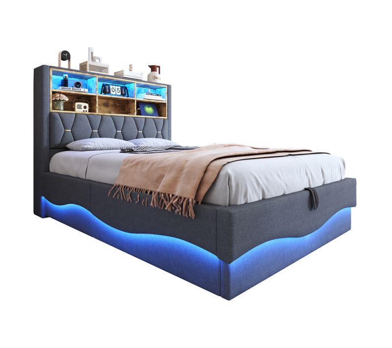 Lit Coffre 140x200 Cm Avec LED, USB Et Rangement Hydraulique, Sommier Métal, Gris