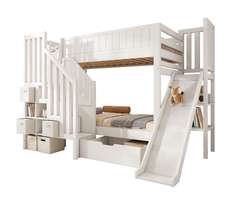 Lit Superposé Enfant 90x200 Cm Avec Rutsche, Tiroir, étagère Et échelle,  Blanc