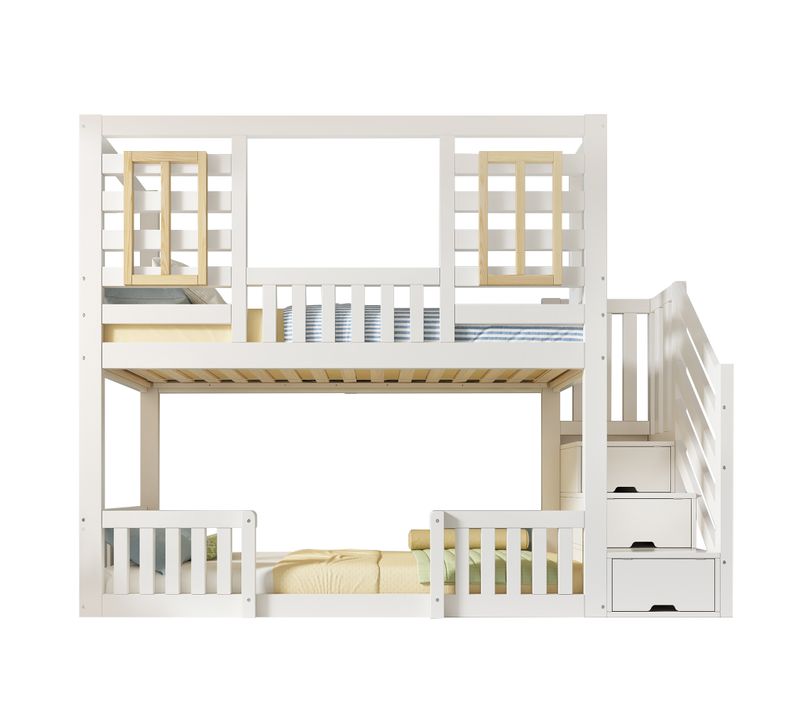 Lit Superposé Enfant 2x90x200 Cm Style Cabane Avec Escalier Rangement， Blanc