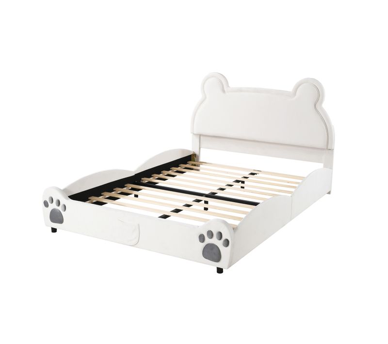 Lit Enfant 140x200 Cm Design Ours, Lit Simple En Velours Doux, Blanc