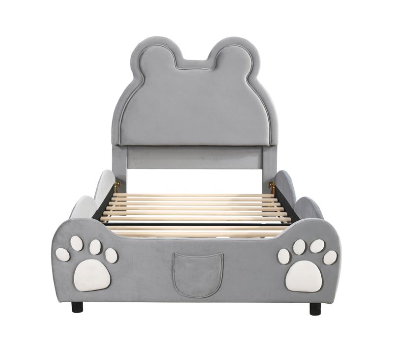 Lit Enfant 90x200 Cm Design Ours, Lit Simple En Velours Doux, Gris