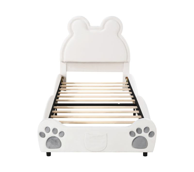 Lit Enfant 90x200 Cm Design Ours, Lit Simple En Velours Doux, Blanc