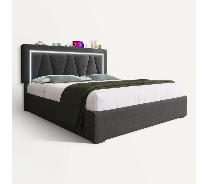 Lit Coffre 160x200 Cm Avec LED USB-c Et Sommier à Lattes, Lin Gris