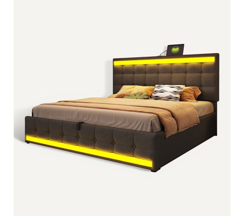 Lit Coffre 180x200 Cm Avec LED, USB Et Rangement Hydraulique, Lin Gris