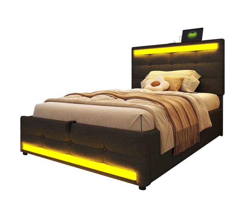 Lit Coffre 90x200 Cm Avec LED, USB Et Rangement Hydraulique, Lin Gris