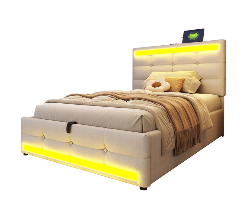 Lit Coffre 90x200 Cm Avec LED, USB Et Rangement Hydraulique, Lin Beige
