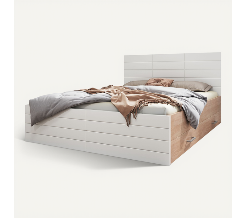 Lit Double 160x200 Avec Lit Cadre, Sommier Et Tiroirs, Blanc