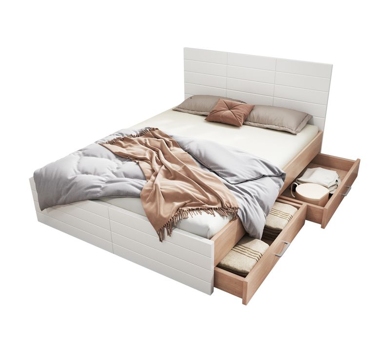 Lit Double 180x200 Avec Lit Cadre, Sommier Et Tiroirs, Blanc