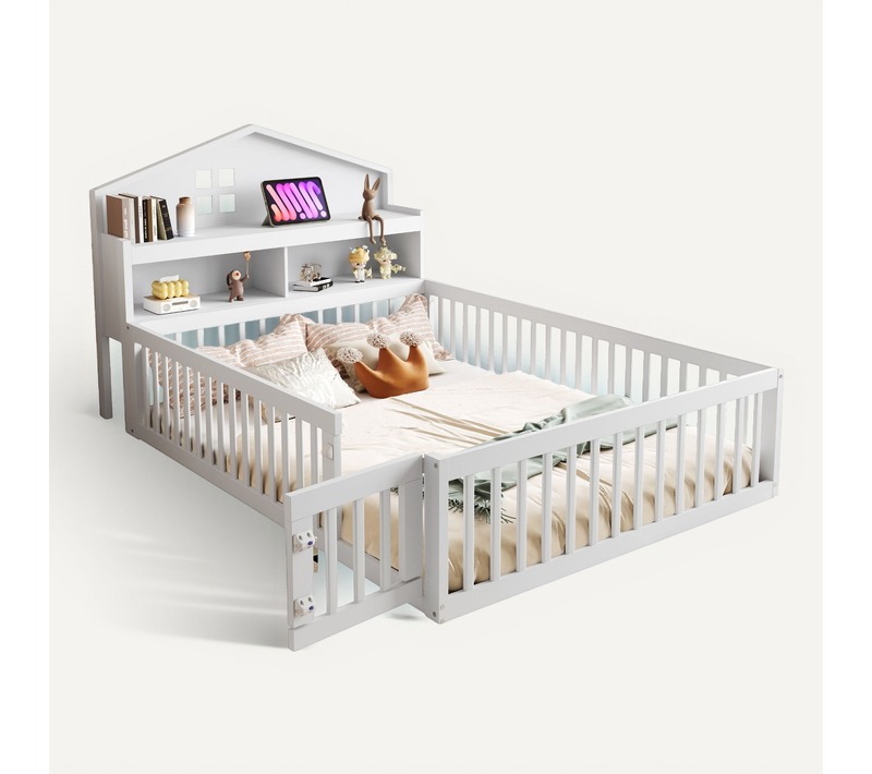Lit Cabane Enfant 140x200 Avec Barrière Sécurité, Bois Massif, Blanc