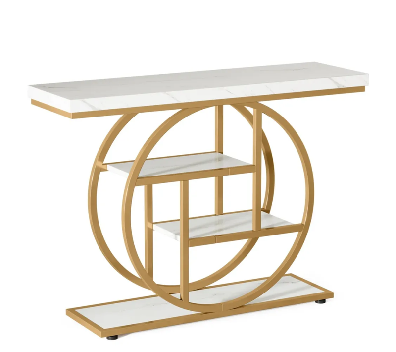 Table Console 105x30x80 Cm, 4 Niveaux, Pieds Réglables, Plateau En Bois, Cadre En Métal, Blanc