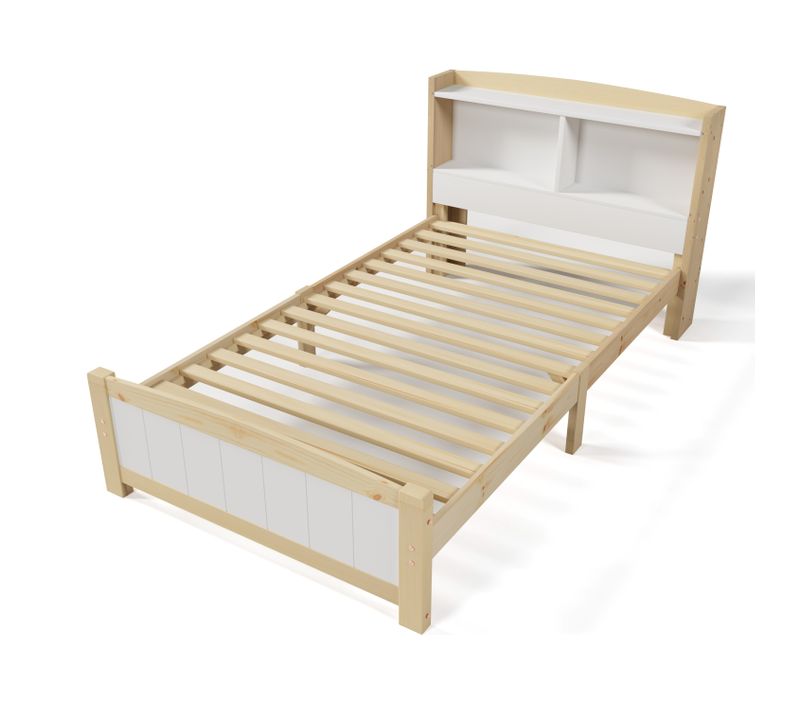 Lit Enfant Lit 90x200 Avec Tête De Lit Rangement, Bois Massif + Mdf, Blanc