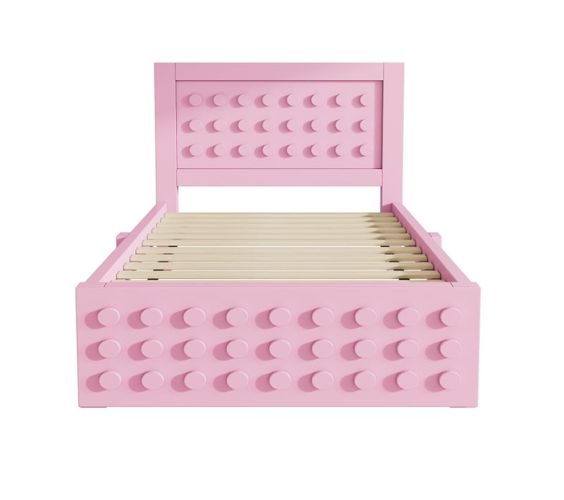 Lit Enfant 90 X 190 Cm, Design Créatif En Blocs De Construction, Bois Massif, Avec Tiroir, Rose