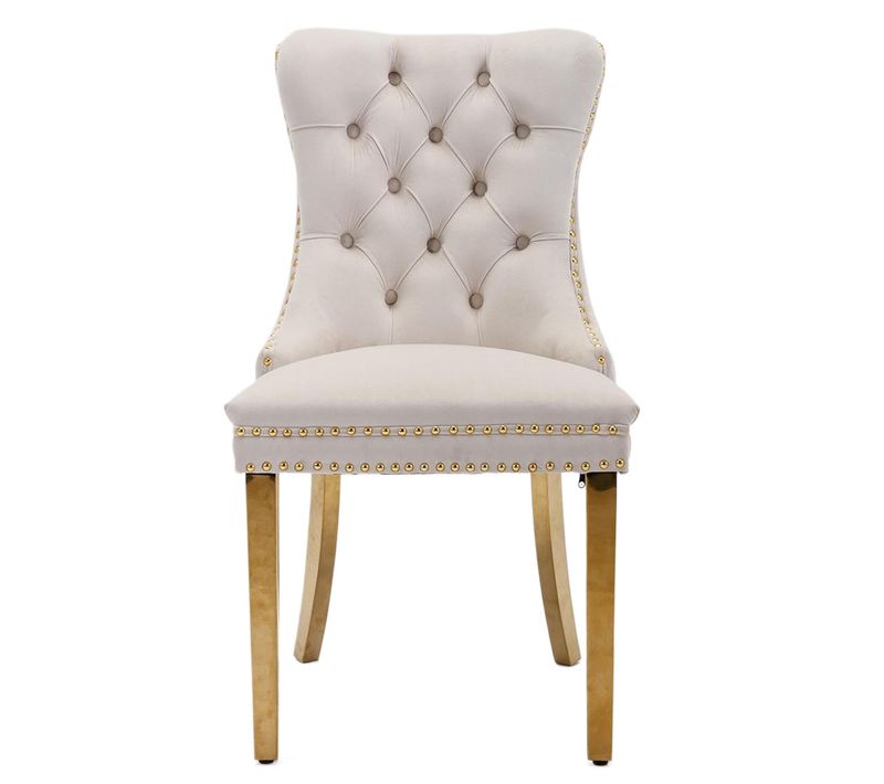 Chaise De Salle à Manger Rembourrée Avec Pieds En Acier Inoxydable Plaqué Or, Velours, Beige