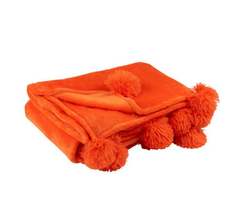 Plaid Déco à Pompons "polyes" 130x170cm Orange Vif